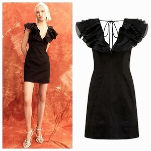 NWT Aje Dress Charmed Plunge Ruffle Mini Black 6 Evening Holiday Vacation